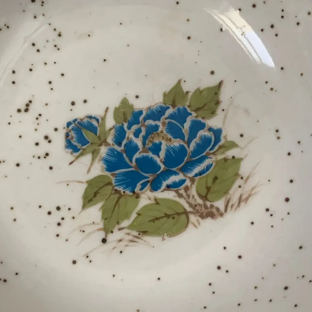 Vintage Japanese Speckled Stoneware Bowl Blue Poppy Peony Floral Scalloped Rim